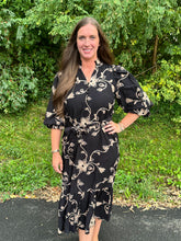 Load image into Gallery viewer, Black & Floral Embroidery Puff Sleeve Midi Dress