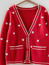 Load image into Gallery viewer, Heart Pattern Contrast Trim Knit Cardigan