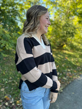 Load image into Gallery viewer, Camel Multi Stripe Contrast Collar Long Sleeve Knit Sweater