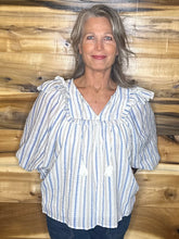 Load image into Gallery viewer, Stripe Neutral Vneck Ruffle Top
