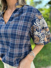 Load image into Gallery viewer, Navy Gingham Embroidered Puff Sleeve Top