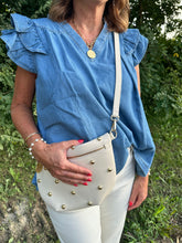 Load image into Gallery viewer, Denim Frilled V Neck Ruffle Top