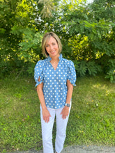 Load image into Gallery viewer, Blue Polka Dotted Puff Sleeve Top