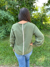 Load image into Gallery viewer, Hunter Green Long Sleeve Top with Lace Applique