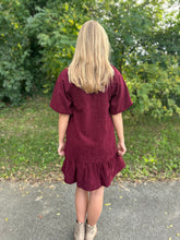 Load image into Gallery viewer, Burgundy Puff Sleeve Corduroy Dress