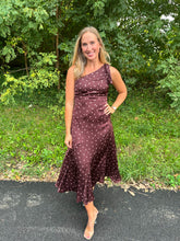 Load image into Gallery viewer, One Shoulder Polka Dot Satin Midi Dress