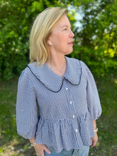 Load image into Gallery viewer, Black & White Plaid Peter Pan Collar Button Up Blouse