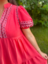 Load image into Gallery viewer, Coral Embroidered Puff Sleeve Dress