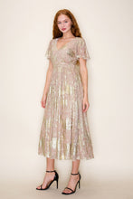 Load image into Gallery viewer, Gold Foil Flutter Sleeve Midi Dress