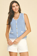 Load image into Gallery viewer, Light Blue Sleeveless Button Down Tweed Sweater Top
