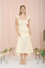 Load image into Gallery viewer, Yellow Stripe Floral Flounce Strap Midi Dress