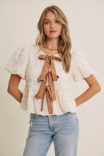 Load image into Gallery viewer, Textured Contrast Bow Peplum Blouse