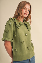 Load image into Gallery viewer, Olive Floral and Pearl Applique Ruffle Sweater