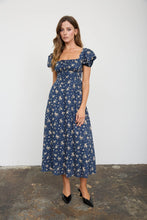 Load image into Gallery viewer, Floral Puff Sleeve Front Tie Corset Midi Dress
