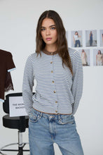 Load image into Gallery viewer, Dusty Blue Stripe Contrast Trim Button Down Cardigan
