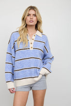 Load image into Gallery viewer, Contrast Collar Stripe Polo Fuzzy Knit Sweater