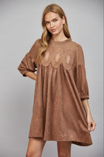 Load image into Gallery viewer, Mesh Yoke & Lace Detail Faux Suede Babydoll Dress