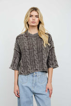 Load image into Gallery viewer, Washed 3/4 Sleeve Turtleneck Cable Knit Pullover