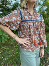 Load image into Gallery viewer, Brown Puff Sleeve Floral Print Tassel Tie Top