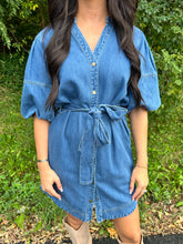 Load image into Gallery viewer, Denim V Neck Short Puff Sleeve Button Up Dress
