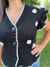 Load image into Gallery viewer, Crochet Floral Detail Ruffled Knit Cardigan