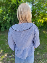 Load image into Gallery viewer, Black & White Plaid Peter Pan Collar Button Up Blouse