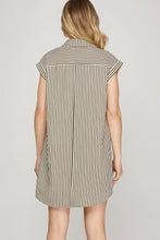 Load image into Gallery viewer, Black Striped Button Down Shirt Mini Dress