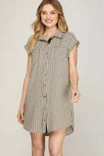 Load image into Gallery viewer, Black Striped Button Down Shirt Mini Dress