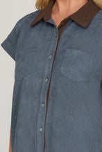 Load image into Gallery viewer, Short Sleeve Contrast Collar Button Down Twill Dress