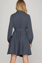 Load image into Gallery viewer, Navy Long Sleeve Button Down Striped Mini Dress