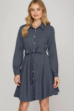 Load image into Gallery viewer, Navy Long Sleeve Button Down Striped Mini Dress