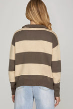 Load image into Gallery viewer, Mocha Striped Long Sleeve Half Zip Sweater