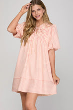 Load image into Gallery viewer, Puff Sleeve Pintuck Striped Woven Dress