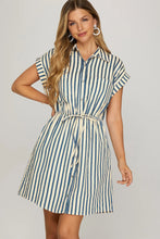 Load image into Gallery viewer, Drop Shoulder Collared Blue Stripe Mini Dress