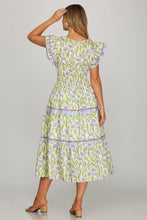 Load image into Gallery viewer, Lilac Ruffle Sleeve Floral Print Tiered Dress