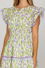 Load image into Gallery viewer, Lilac Ruffle Sleeve Floral Print Tiered Dress