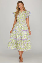 Load image into Gallery viewer, Lilac Ruffle Sleeve Floral Print Tiered Dress