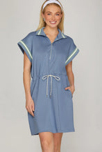 Load image into Gallery viewer, Dusty Blue Drop Shoulder Half Zip Mini Dress
