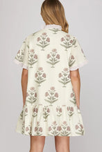Load image into Gallery viewer, Ruffle Short Sleeve Woven Print Ruffled Placket Mini Dress
