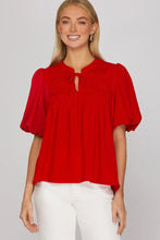 Load image into Gallery viewer, Red Pintuck Neck Tied Woven Top