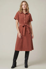 Load image into Gallery viewer, Short Sleeve Button Down Corduroy Shirt Midi Dress