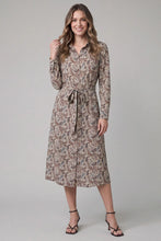 Load image into Gallery viewer, Cream Long Sleeve Waist Tie Woven Print Collared Shirt Midi Dress