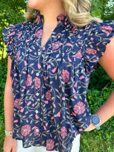 Load image into Gallery viewer, Navy Floral Futter Sleeve V Neck Top