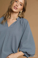 Load image into Gallery viewer, Split V Neck Top with Balloon Sleeves