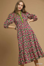 Load image into Gallery viewer, Pink and Sage Floral Print Ruffled Neck Dress