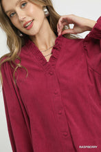 Load image into Gallery viewer, Corduroy Ruffle Neck Button Down Top