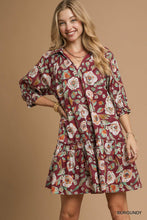 Load image into Gallery viewer, Burgundy Floral Drop Waist Mini Dress