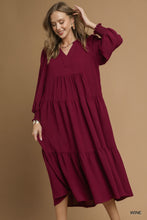 Load image into Gallery viewer, Wine Tiered Maxi Dress with Smocked Cuffs