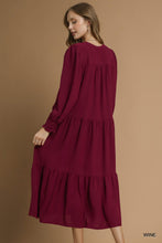 Load image into Gallery viewer, Wine Tiered Maxi Dress with Smocked Cuffs