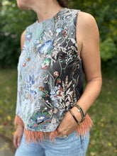 Load image into Gallery viewer, Grey Sleeveless Floral Embroidery Feather Hem Top